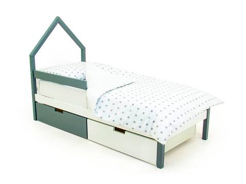 Кровать-домик мини Svogen с ящиками и бортиком графит-белый