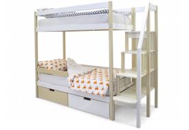 Двухъярусная кровать Svogen с ящиками и бортиком бежево-белый