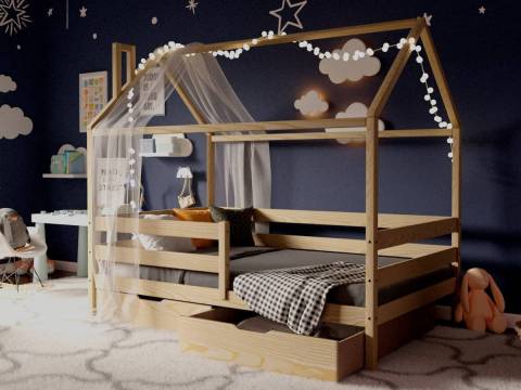 Кроватка-Домик без покраски 80х190 см с ящиками